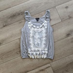 Women's Y2K Sleeveless Cottagecore Gray Top w White Crochet Lace Overlay Size XL